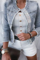 Fringe Hem Sequins Patch Crop Denim Coat