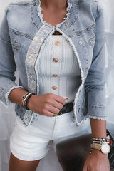 Fringe Hem Sequins Patch Crop Denim Coat