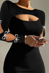 Bow Decor Cutout Long Sleeve Bodycon Dress