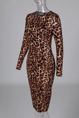 Leopard Print Long Sleeve Midi Dress