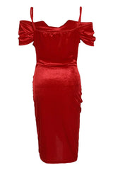 Velvet Cold Shoulder Ruched Bodycon Dress