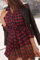 Plaid Ruffles Hem Button Front Shirt Dress