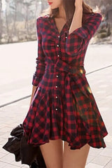 Plaid Ruffles Hem Button Front Shirt Dress