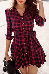 Plaid Ruffles Hem Button Front Shirt Dress