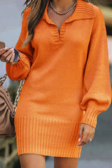 Lantern Sleeve Knit Sweater Dress