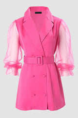 Sheer Mesh Bell Sleeve Buttoned Belted Blazer Dress