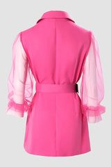 Sheer Mesh Bell Sleeve Buttoned Belted Blazer Dress