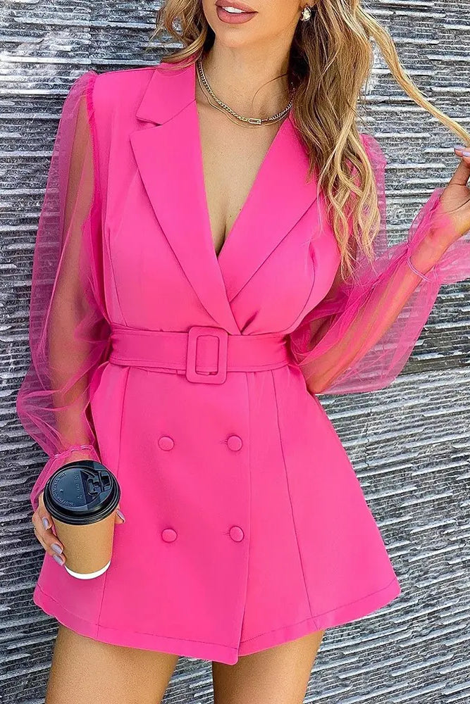 Sheer Mesh Bell Sleeve Buttoned Belted Blazer Dress