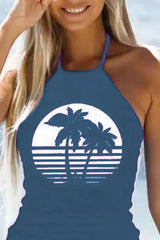 Coconut Tree Print Drawstring Ruched Halter Tankini Set