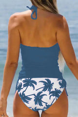 Coconut Tree Print Drawstring Ruched Halter Tankini Set