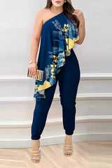 Tropical Print One Shoulder Asymmetrical Ruffles Cuffed Jumpsuit