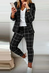 Plaid Print Blazer & Drawstring Pants Set