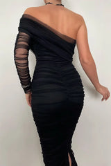 One Shoulder Ruched Sheer Mesh Evening Dress