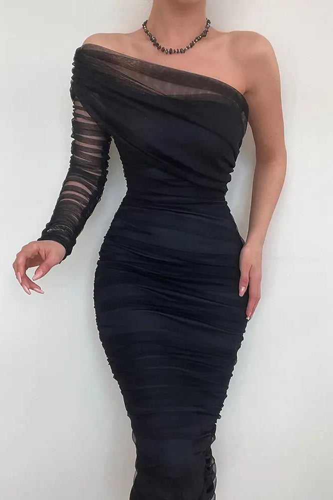 One Shoulder Ruched Sheer Mesh Evening Dress