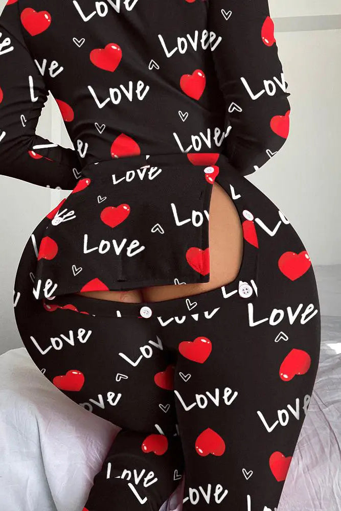 Heart Letter Print Functional Buttoned Flap Sleep Onesie