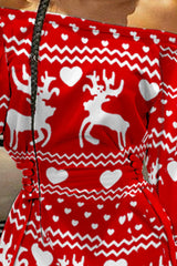 Christmas Heart Elk Print Off Shoulder Sweatshirt Dress