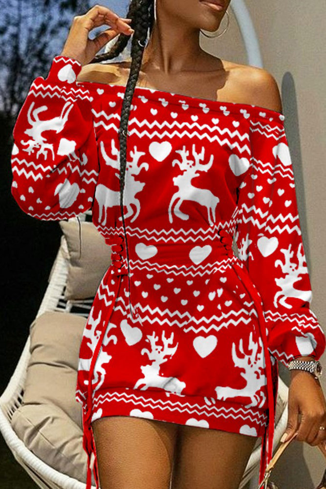 Christmas Heart Elk Print Off Shoulder Sweatshirt Dress