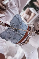 Denim Patch Puff Sleeve Buttoned Crop Shirt