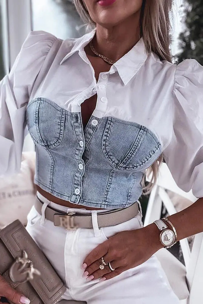 Denim Patch Puff Sleeve Buttoned Crop Shirt