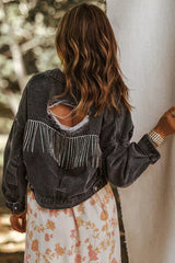 Sky Blue Rhinestone Fringe Denim Jacket