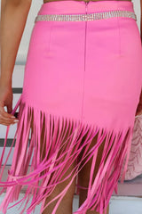 Pink Fringe Hemline Midi Skirt