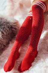 Christmas Striped Print Rhinestone Decor Long Socks