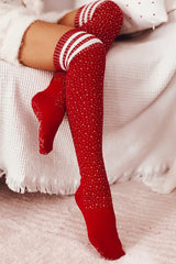 Christmas Striped Print Rhinestone Decor Long Socks