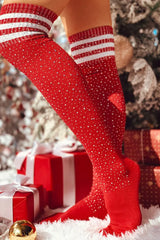 Christmas Striped Print Rhinestone Decor Long Socks