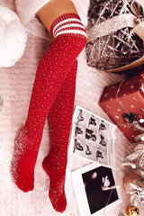 Christmas Striped Print Rhinestone Decor Long Socks