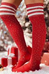 Christmas Striped Print Rhinestone Decor Long Socks