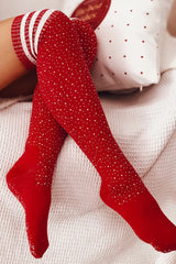 Christmas Striped Print Rhinestone Decor Long Socks