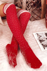 Christmas Striped Print Rhinestone Decor Long Socks