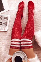 Christmas Striped Print Rhinestone Decor Long Socks