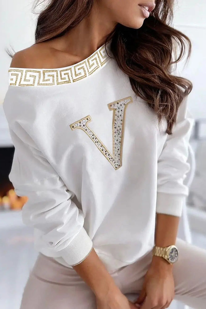 Rhinestone Letter Long Sleeve Casual Top