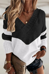 Colorblock Long Sleeve V Neck Knit Sweater