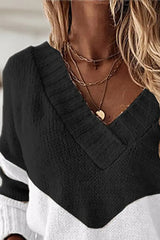 Colorblock Long Sleeve V Neck Knit Sweater