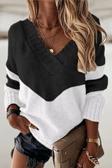 Colorblock Long Sleeve V Neck Knit Sweater