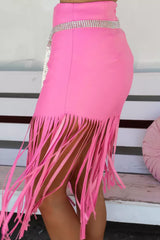 Pink Fringe Hemline Midi Skirt