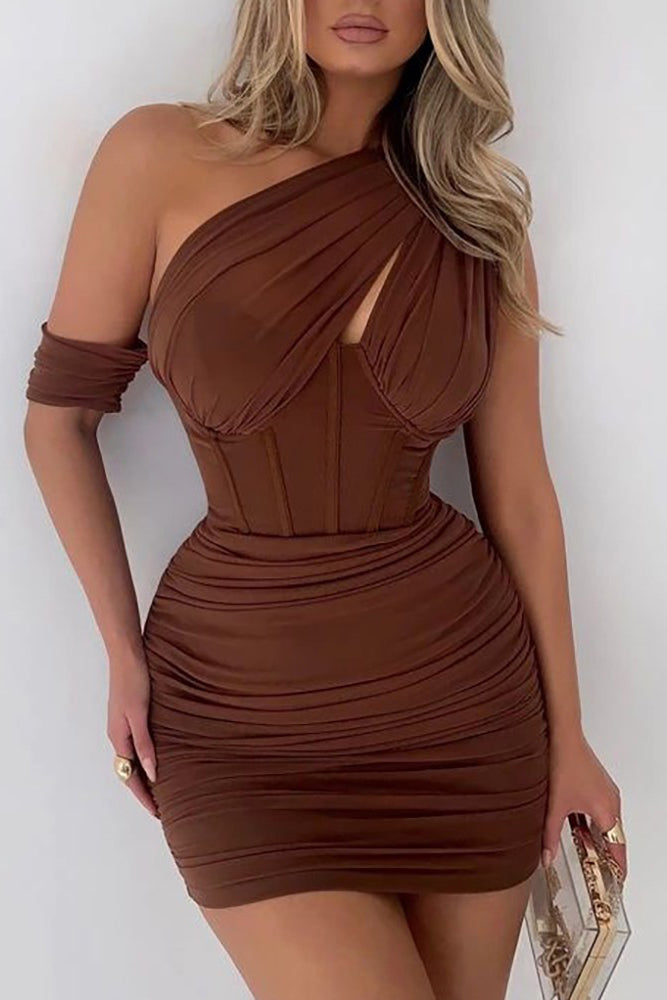 Asymmetrical Neck Ruched Corset Bodycon Dress