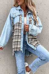 Plaid Panel Patch Button Front Raw Hem Denim Coat