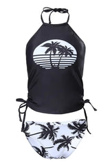 Coconut Tree Print Drawstring Ruched Halter Tankini Set