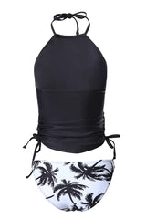 Coconut Tree Print Drawstring Ruched Halter Tankini Set