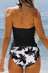 Coconut Tree Print Drawstring Ruched Halter Tankini Set