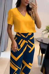 Puff Sleeve Top & Geometric Print Cuffed Pants Set