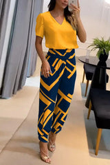 Puff Sleeve Top & Geometric Print Cuffed Pants Set