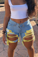 Zipper Fly Cutout Ripped Raw Hem Denim Shorts