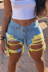 Zipper Fly Cutout Ripped Raw Hem Denim Shorts