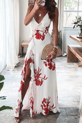 Floral Print High Slit Ruffles Maxi Dress