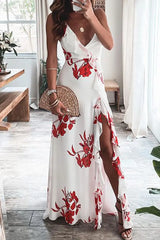 Floral Print High Slit Ruffles Maxi Dress