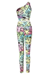 One Shoulder Cutout Allover Cartoon Print Active Sets